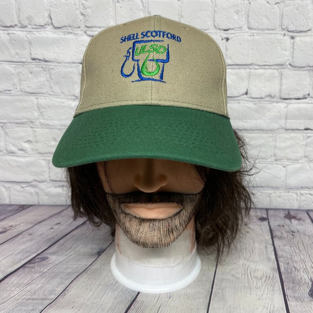 Vintage Hat Cap Strap Back Brown Green Shell Scotford Oil & Gas Oilfield Canvas